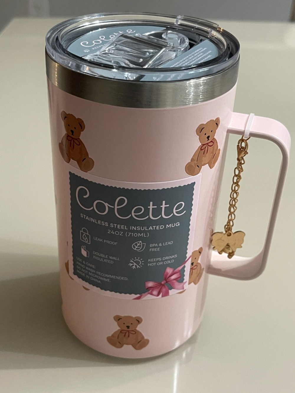 Colette Pink Bear Travel Mug, 240., BPA & Lead free, double wall insulated